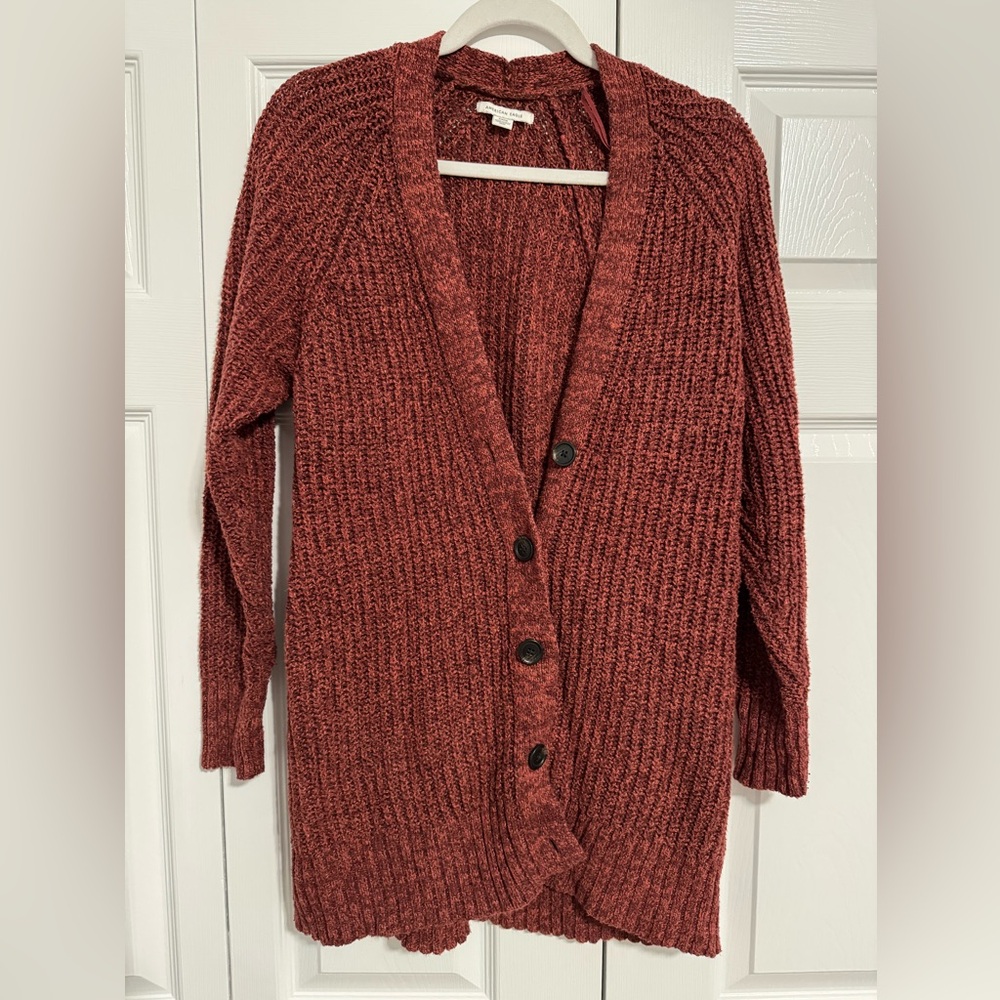 American Eagle Chunky Knit Long Rust-Colored Cardigan